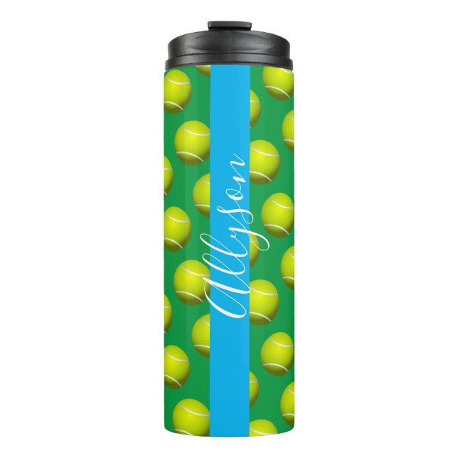 Tennis Ball Pattern, White Name, Sky Blue & Green Thermal Tumbler (Front)