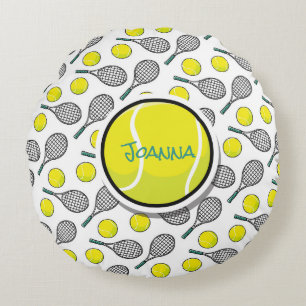 TENNIS Ball Personalise Name Yellow Black White Round Cushion
