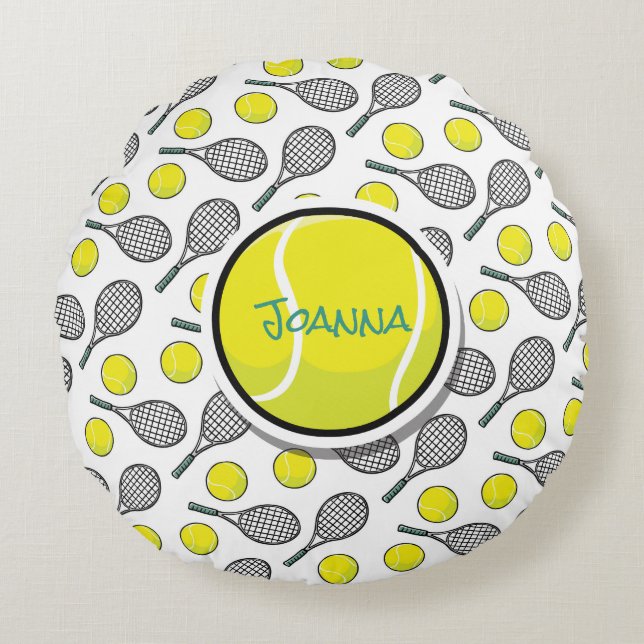 TENNIS Ball Personalise Name Yellow Black White Round Cushion (Front)