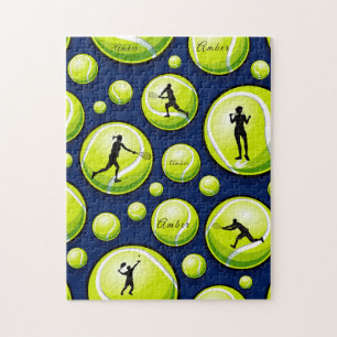 Tennis Ball Player Coach Silhouette & Custom Name  Jigsaw Puzzle