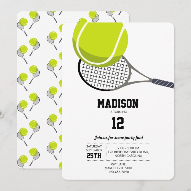 Tennis Ball & Racket Racquet Birthday Party Invitation (Front/Back)
