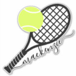 Tennis Ball Racket Script Monogram Contour<br><div class="desc">Personalised Name Contour Cut Sticker with Tennis Racket and Ball Monogram in a Girly,  Feminine,  Elegant Calligraphy Script Font is available in several sizes for your laptop,  water bottle,  sticker collection or as favours and gifts for a tennis birthday party.</div>