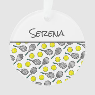 Tennis Ball Racquet Pattern Sports Player NAME  Ornament
