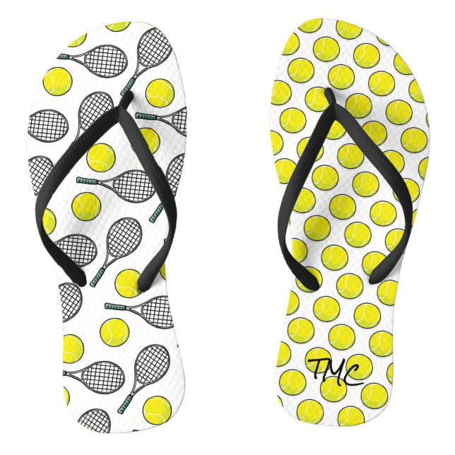Tennis Ball Racquet Yellow White Black Sports Flip Flops (Footbed)