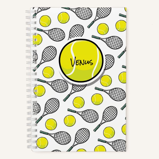 Tennis Ball Racquet Yellow White Sports NAME Notebook (Front)