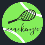 Tennis Ball Stickers Green Personalised Name<br><div class="desc">Personalised green tennis ball stickers printed with custom name or any text with an editable font feminine girly and modern pretty script and simple tennis racquet monogram, great for a tennis birthday invitation, favour, or gift. Use Zazzle's customisation options to create one sheet for each guest as a take-away favour...</div>