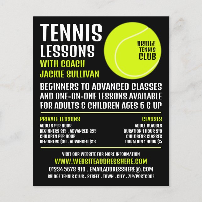 Tennis Ball, Tennis Lessons/Classes Advertising Flyer (Front)