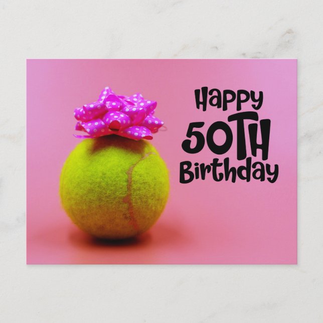 Tennis ball with 50th birthday word on pink  postcard (Front)