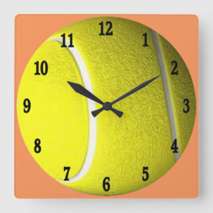Tennis Ball with Black Numbers Sport Peach Square Wall Clock