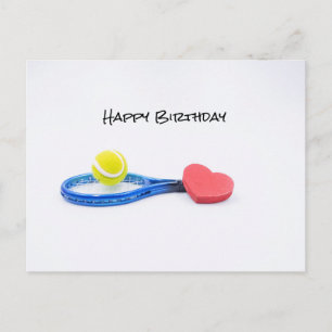 Tennis ball with blue racket birthday card
