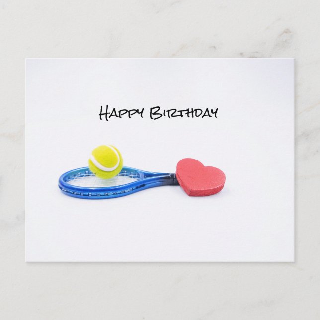 Tennis ball with blue racket birthday card (Front)