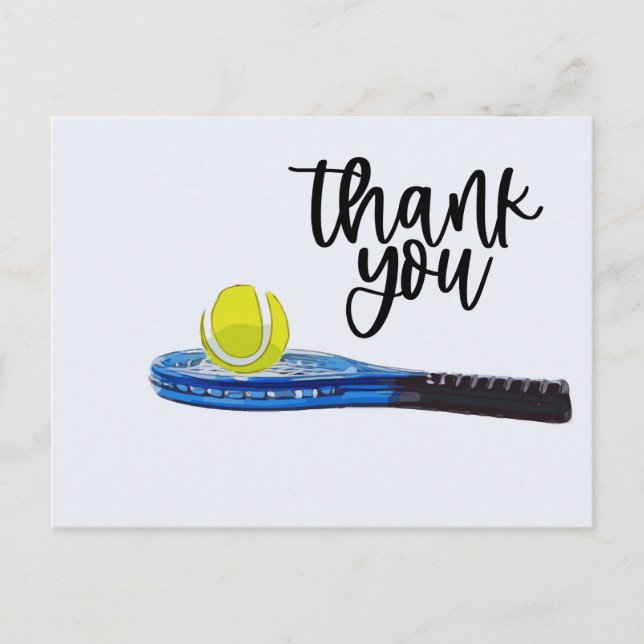 Tennis ball with blue racket Thank you card (Front)