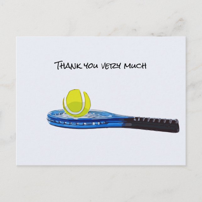 Tennis ball with blue racket Thank you card (Front)