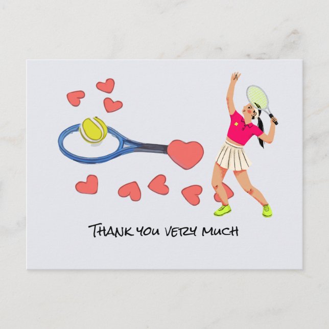 Tennis ball with blue racket Thank you with love Postcard (Front)