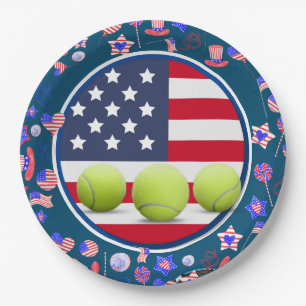 Tennis ball with flag of America 4th July Party Paper Plate