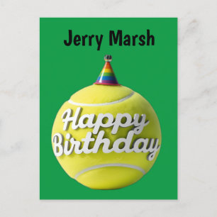 Tennis ball with happy birthday birthday hat postcard