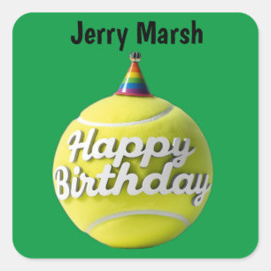 Tennis ball with happy birthday birthday hat square sticker