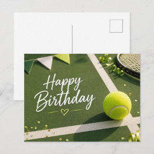 Tennis ball with Happy Birthday on court Postcard