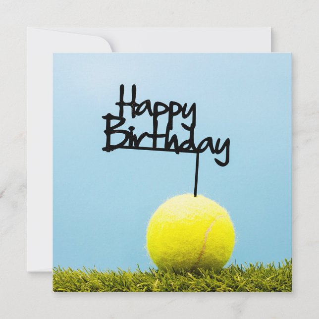 Tennis ball with Happy Birthday Sign on blue sky  Card (Front)