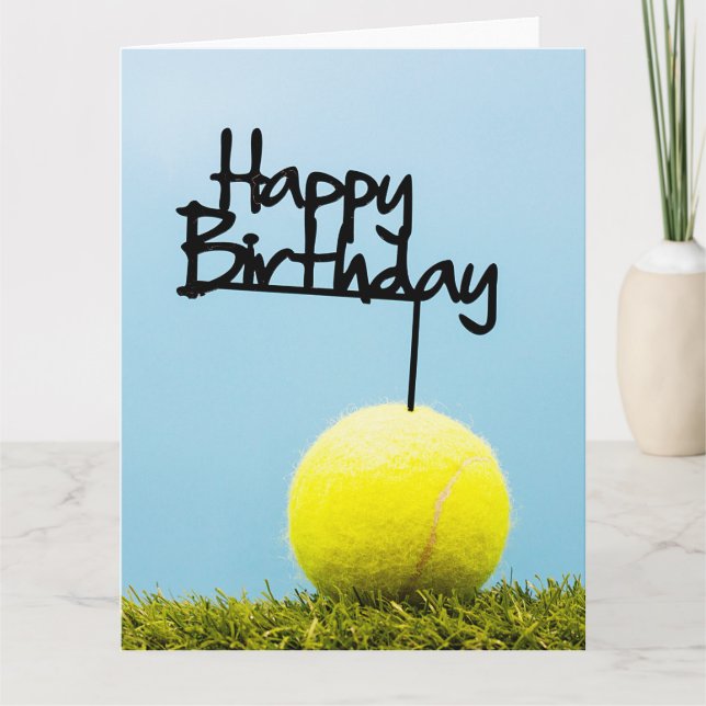 Tennis ball with Happy Birthday Sign on blue sky   Card (Front)
