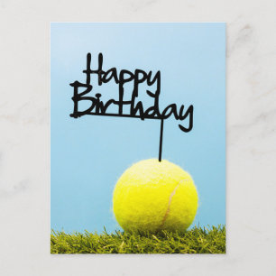 Tennis ball with Happy Birthday Sign on blue sky Postcard