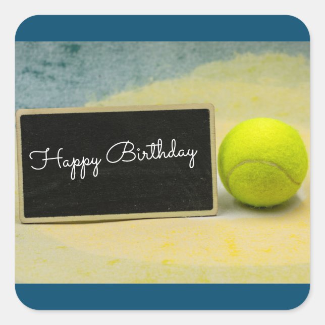 Tennis ball with happy birthday sign square sticker (Front)