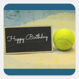 Tennis ball with happy birthday sign square sticker