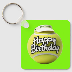 Tennis ball with happy birthday wearing visor key ring