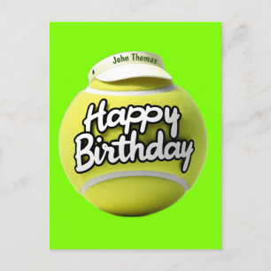 Tennis ball with happy birthday wearing visor postcard