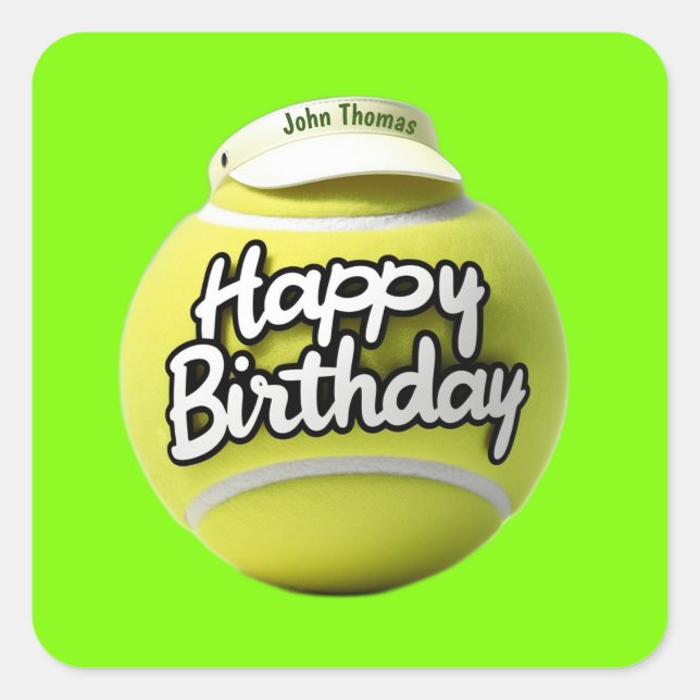 Tennis ball with happy birthday wearing visor square sticker (Front)