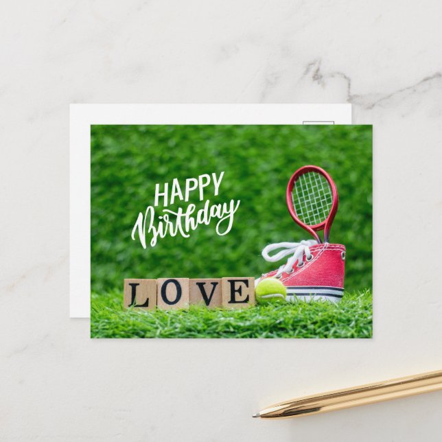 Tennis ball with Happy Birthday  with love  Postcard (Front/Back In Situ)