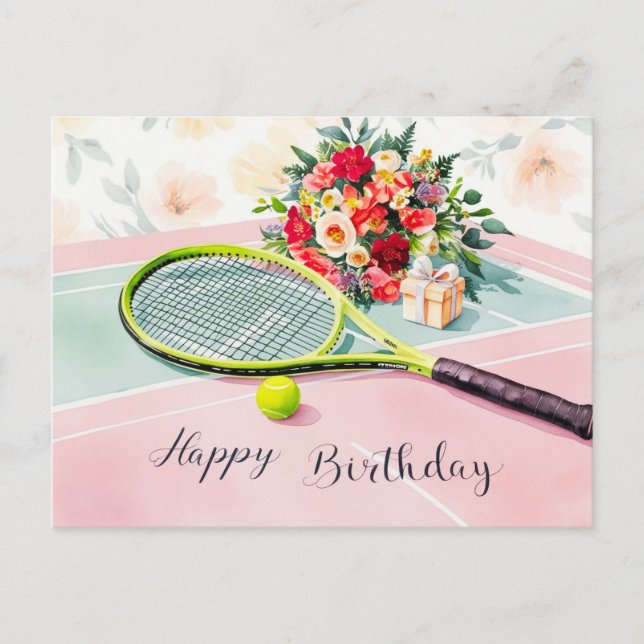 Tennis ball with happy birthday word on green postcard (Front)