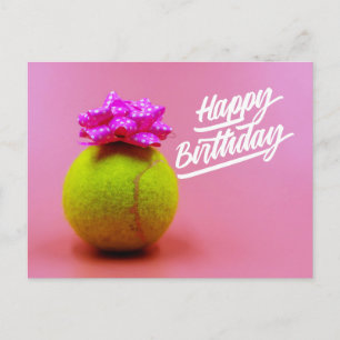 Tennis ball with happy birthday word on pink  post postcard