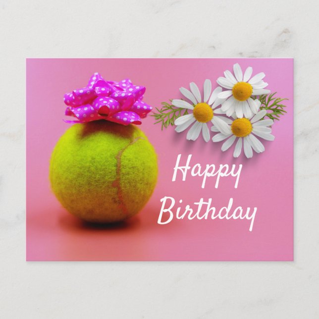 Tennis ball with happy birthday word on pink  postcard (Front)