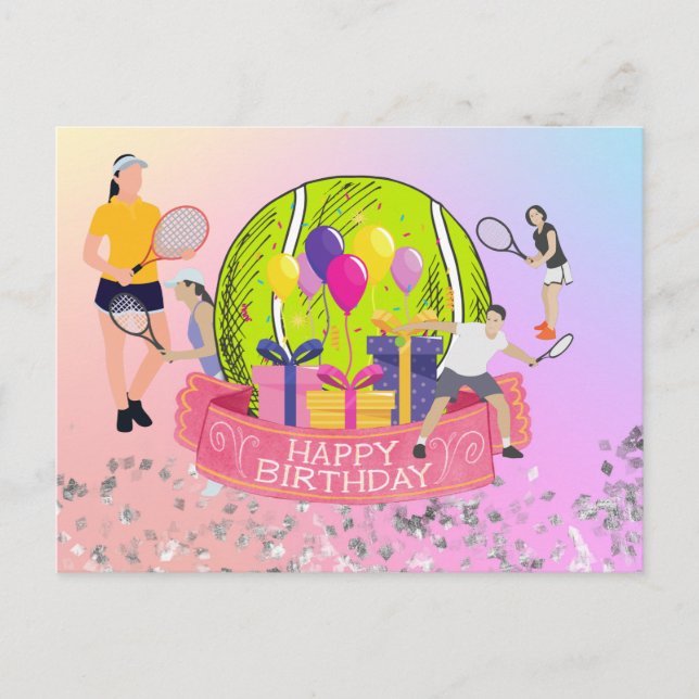 Tennis ball with happy birthday word on rainbow postcard (Front)