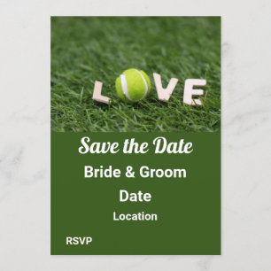 Tennis ball with love letter word on green grass invitation