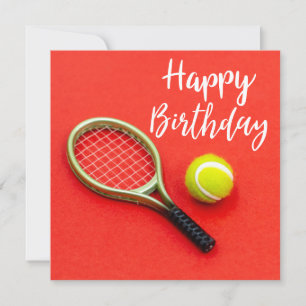 Tennis ball with racket on red Birthday Card