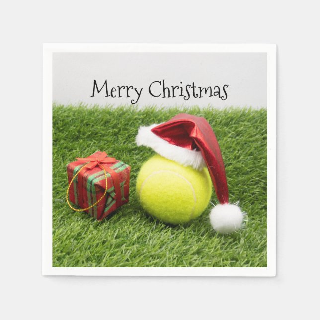 Tennis ball with Santa hat Christmas Paper Plate Napkin (Front)
