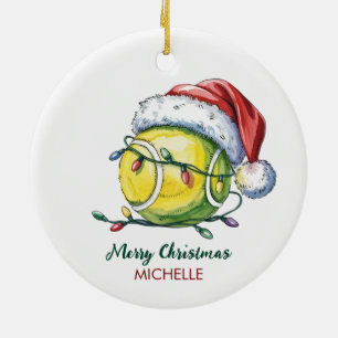Tennis Ball with Santa Hat Custom Christmas Ceramic Tree Decoration