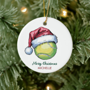 Tennis Ball with Santa Hat Custom Christmas Ceramic Tree Decoration