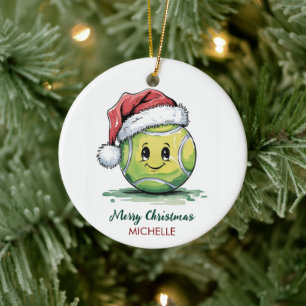 Tennis Ball with Santa Hat Custom Christmas Ceramic Tree Decoration