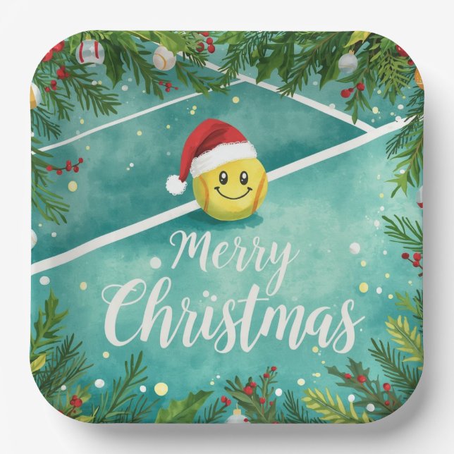 Tennis ball with Santa Hat on the court Christmas  Paper Plate (Front)