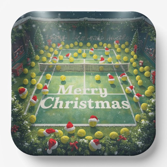 Tennis ball with Santa Hat on the court Christmas  Paper Plate (Front)