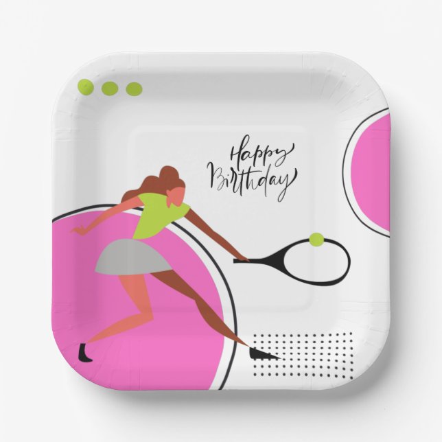Tennis ball with Woman player birthday   Paper Plate (Front)