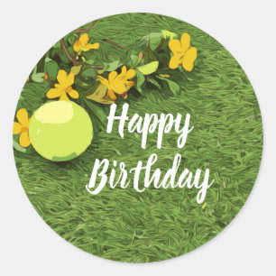 Tennis ball with yellow flower birthday classic round sticker