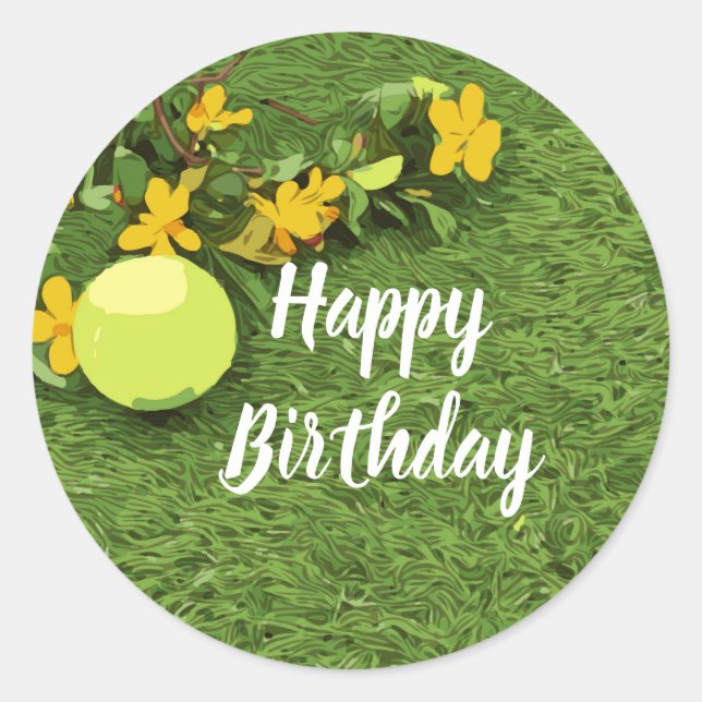 Tennis ball with yellow flower birthday classic round sticker (Front)