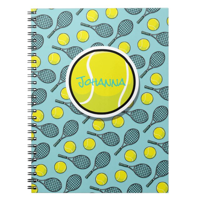 Tennis Ball Yellow White Turquoise Blue Black Name Notebook (Front)