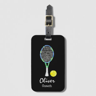 Tennis balls and racket on black bag tag