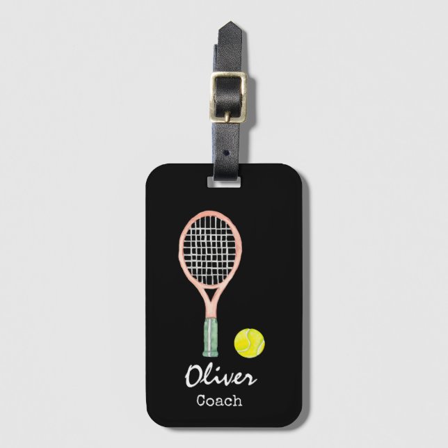 Tennis balls and racket on black bag tag (Front Vertical)