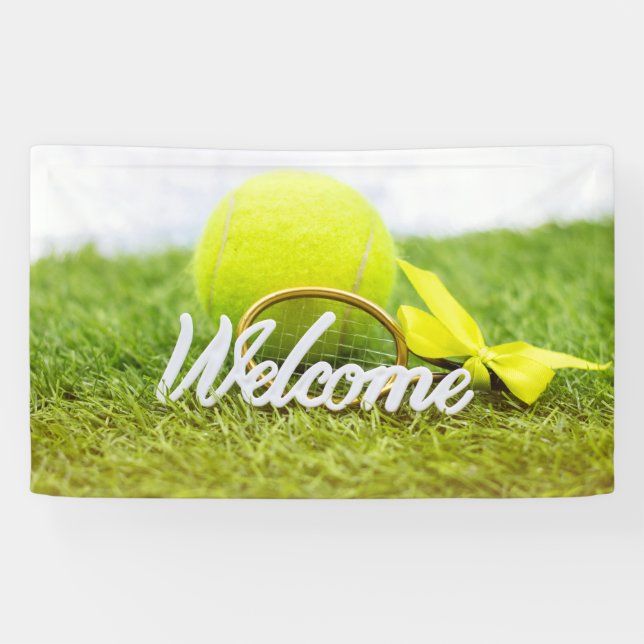 Tennis balls and rackets welcome word on green banner (Horizontal)